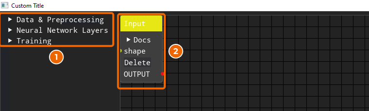 Окно GraphNet: список блоков (1) и блок Input (2)